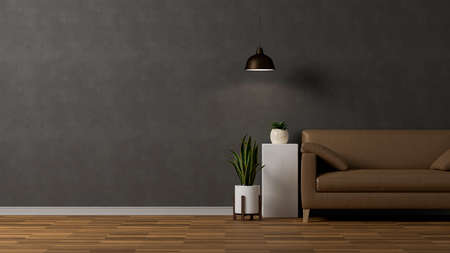 Modern vintage loft living room interior with comfy brown leather sofa and decorations on parquet floor over grey wall. 3d rendering, 3d illustrationの写真素材