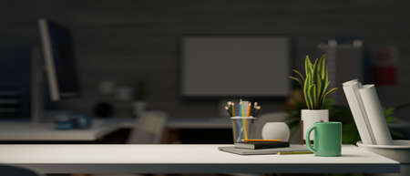 Copy space for product display on office desk in modern dark office room. Workplace or workspace concept. 3d rendering, 3d illustrationの写真素材