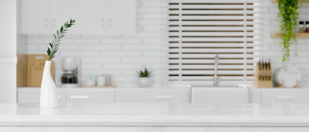Modern bright and clean kitchen space with copy space on marble kitchen countertop for product display. 3d rendering, 3d illustrationの写真素材