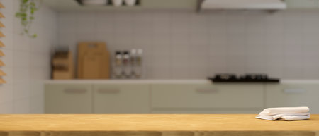 Empty wooden tabletop for montage your product display over modern apartment kitchen in the background. 3d rendering, 3d illustrationの写真素材