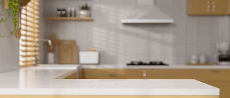 Modern luxury kitchen counter with copy space for product display. Kitchen interior background. 3d rendering, 3d illustrationの写真素材