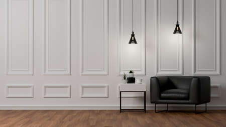 Modern classic elegance living room with black leather chair, coffee table and copy space on wooden floor over white wall panels. 3d rendering, 3d illustrationの写真素材