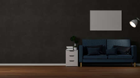 Contemporary modern dark living room interior with comfortable sofa, home decor, blank frame on dark wall and copy space. 3d rendering, 3d illustrationの写真素材