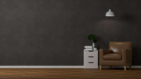 Modern classic vintage living room interior design with brown leather chair, decor furniture and copy space on parquet floor. 3d rendering, 3d illustrationの写真素材