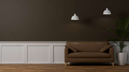Modern vintage living room interior with stylish brown leather sofa, lamps, indoor plant and copy space. contemporary living room interior design. 3d rendering, 3d illustrationの写真素材