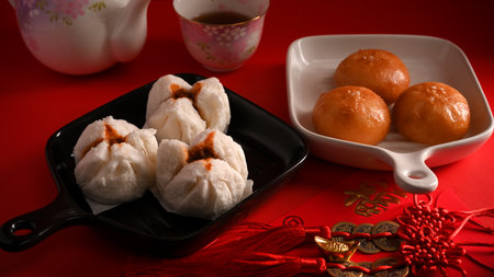 Chinese cuisine concept, Steamed red minced pork buns and fried pork or cream buns. Asian snack.の写真素材
