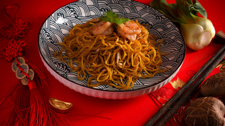 Chow mein, Tasty Chinese cuisine, Traditional Chinese stir fried noodles with shrimp. close-upの写真素材