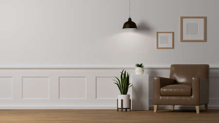Cozy and contemporary modern living room with comfort brown leather chair and indoor plant on wooden...