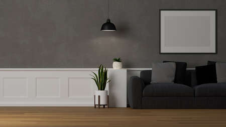 Modern living room interior. Comfortable grey couch mockup, home decorations and blank poster frame on the wall. 3d rendering, 3d illustrationの写真素材