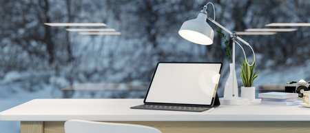 Modern digital tablet computer blank screen mockup on white top table over blurred winter snow through the glass window in the background. 3d rendering, 3d illustrationの写真素材