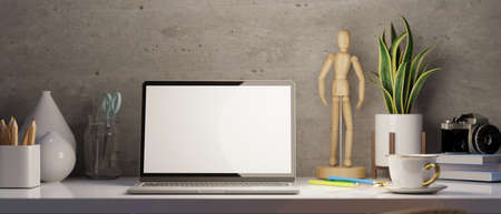 Close-up image of a modern loft workspace with laptop computer blank screen mockup, stationery and decor. Photographer, web blogger or designer office desk. 3d rendering, 3d illustrationの写真素材