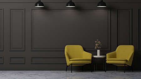 3d rendering, Modern luxury dark living room with stylish yellow armchair and coffee table on a...
