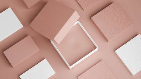 Top view, above, an open empty box with name card or business card on pink background. 3d rendering, 3d illustrationの写真素材