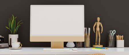 Close-up, Modern office workspace with desktop computer white display and office decorations on a...
