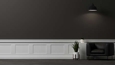 Modern luxury dark living room interior design with black leather armchair over black and white wall. 3d rendering, 3d illustrationの写真素材