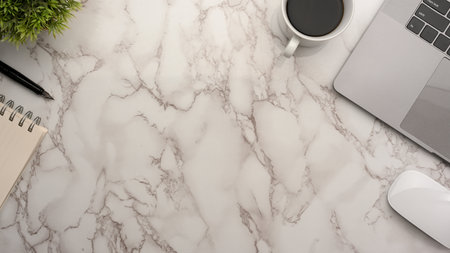 Close-up, top view, Modern office desk with empty space for present your product on marble workspace...