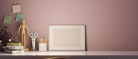 Close-up, Mockup of an empty picture frame on worktable over pink wall background. 3d rendering, 3d illustrationの写真素材
