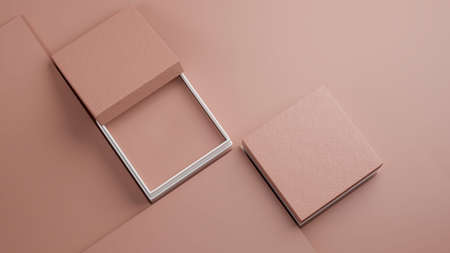 An open pink paper box packaged on a pink background. Gifts, presents, or accessories packaging for women. 3d rendering, 3d illustrationの写真素材
