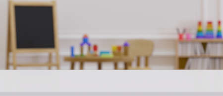 Modern white tabletop with copy space for product presentation over blurred kindergarten classroom or game room in the background. 3d rendering, 3d illustrationの写真素材