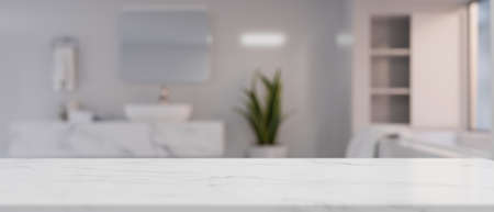 Copy space for your product display on marble white bathroom countertop over blurred modern white bathroom interior in the background. 3d rendering, 3d illustrationの写真素材