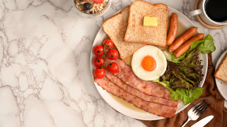 Homemade delicious healthy breakfast set on marble table background with copy space. top viewの写真素材