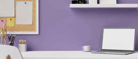 Modern stylish creative workspace with laptop computer mockup, copy space, stationery, decor on table over purple wall background. teenager study table concept. 3d rendering, 3d illustrationの写真素材