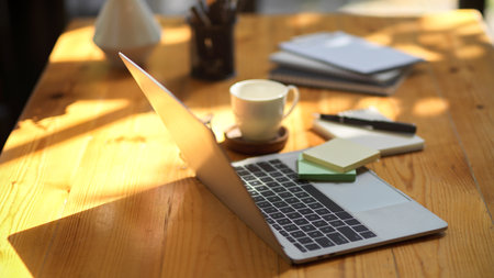 Office equipment, office supplies, businesspeople or college student workspace. Laptop computer,...