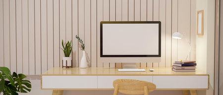 Cozy minimal office workstation interior design with pc desktop white screen mockup, minimal decors on wooden table, house plant and minimal white wallpaper. 3d rendering, 3d illustrationの写真素材