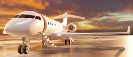 Luxury private jet parked on ground, Passenger airplane parked over sunset sky view in the background for commercial advertising. 3d rendering, 3d illustrationの写真素材