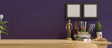 A modern stylish wooden table with home decors, stationery and copy space for product display over purple wall with blank photo frame mockup. 3d rendering, 3d illustrationの写真素材
