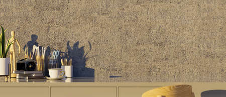 Modern loft artist office interior, close-up, Working tabletop with stationery, painting tools and copy space for product display over cement loft wall. 3d rendering, 3d illustrationの写真素材