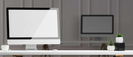 Modern stylish office studio with pc desktop computer blank screen mockup and copy space for montage on white tabletop over blurred office background. 3d rendering, 3d illustrationの写真素材