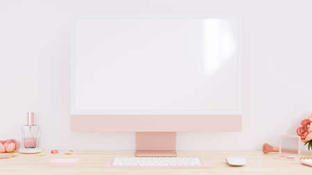 Girl workspace with pastel pink computer white screen mockup, perfume bottle, cosmetics, pink flowers on wooden table over white wall. 3d rendering, 3d illustrationの写真素材