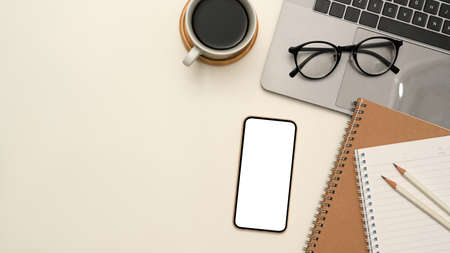 Top view, flat lay, White background with copy space for product display, smartphone white screen...