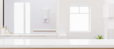 Close-up, Empty space for product display on modern white tabletop over blurred elegance bathroom interior in the background. 3d rendering, 3d illustrationの写真素材