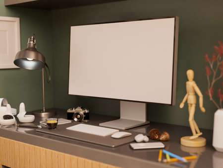 Close-up image, Modern home workplace with modern PC computer empty screen mockup, table lamp, camera, VR headset, and accessories on table. 3d rendering, 3d illustrationの写真素材