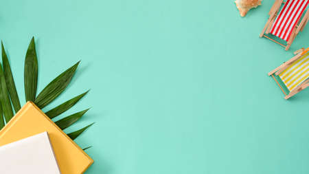 Stylish green background with summer beach accessories and copy space for product display or...