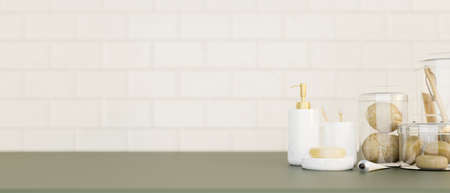 Bath products and copy space for montage product display on modern bathroom countertop over white...