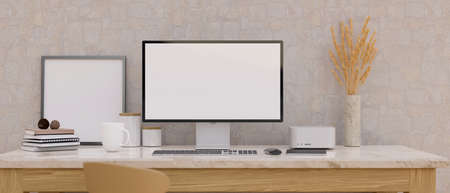 Modern loft workspace with PC computer white desktop screen, frame mockup, book, minimal vase and stuff on white table against light stone wall. 3d rendering, 3d illustrationの写真素材