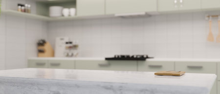 Close-up, White marble kitchen countertop or kitchen island with cutting board and copy space for montage product display against modern kitchen in the background. 3d rendering, 3d illustrationの写真素材