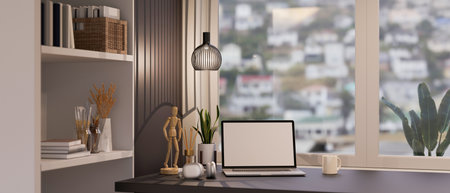 Close-up image, Modern luxury home working space with portable laptop computer white screen mockup...
