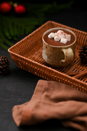 Tasty hot dark chocolate with sweets marshmallow in a minimal craft ceramic cup in a wicker basket on black table background.の写真素材