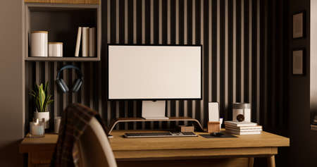 Modern contemporary workspace interior with computer white screen mockup and accessories on wood...