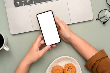Above view, Female freelancer using her smartphone over her office desk. Mobile phone blank screen.の写真素材