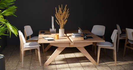 Modern and comfortable co-working office space interior with laptop, computer, tablet and...