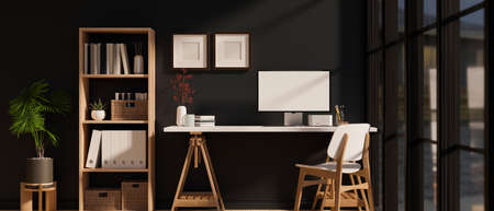 Comfortable Scandinavian office workplace or home office interior with wood computer desk, wood...