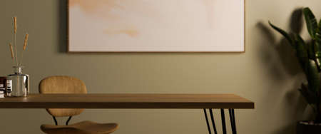 Modern workspace office room interior with empty space on wooden table, wooden chair against empty...