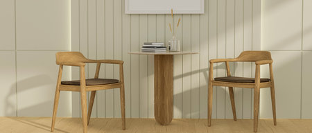 Close-up image, Modern comfortable living room with stylish wood table, comfortable wood armchairs...