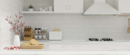 Close-up image, Copy space for montage your product display on white kitchen island with minimal...