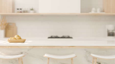Close-up, Modern kitchen island with stools and copy space for product display against blurred...